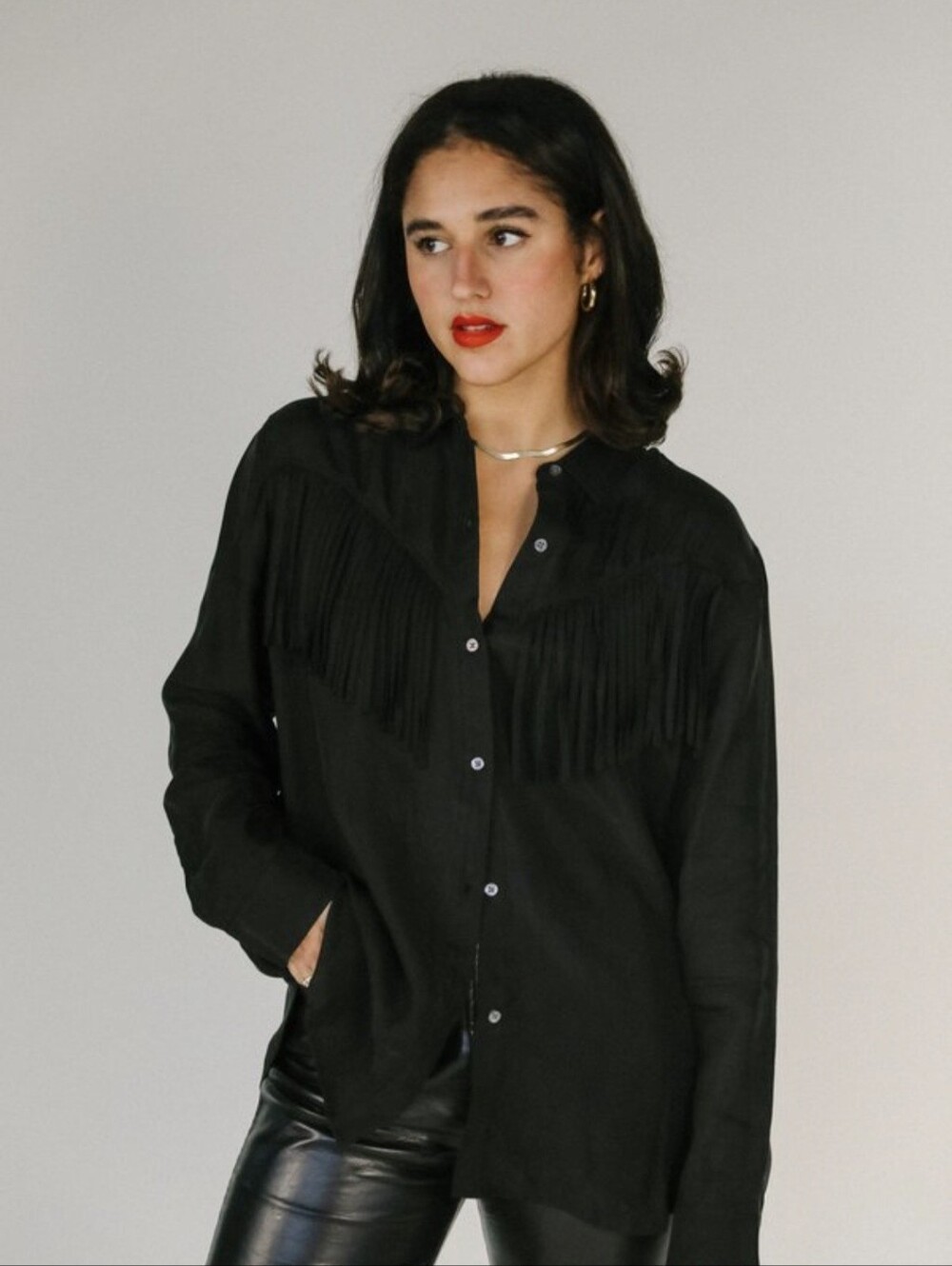 Rails Dallas Fringe Western Black Long Sleeve Button Down Top